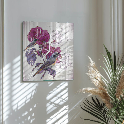 Vierkante glazen klok Vogels Bloemen
