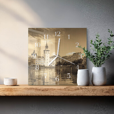 Vierkante glazen klok Kasteel Sepia