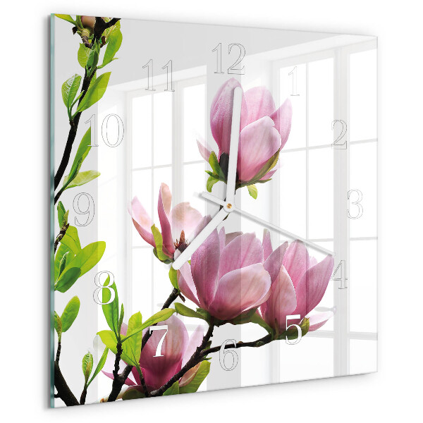 Vierkante glazen klok Magnolia bloem