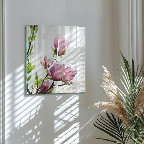 Vierkante glazen klok Magnolia bloem