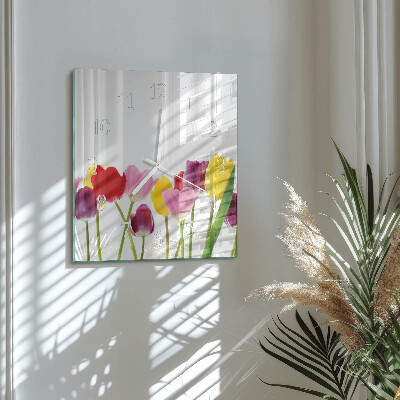 Vierkante glazen klok Kleurrijke tulpen