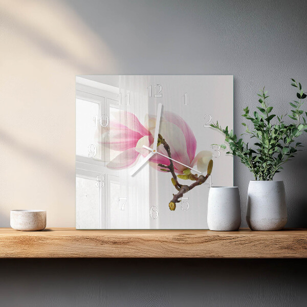 Vierkante glazen klok Magnolia bloem
