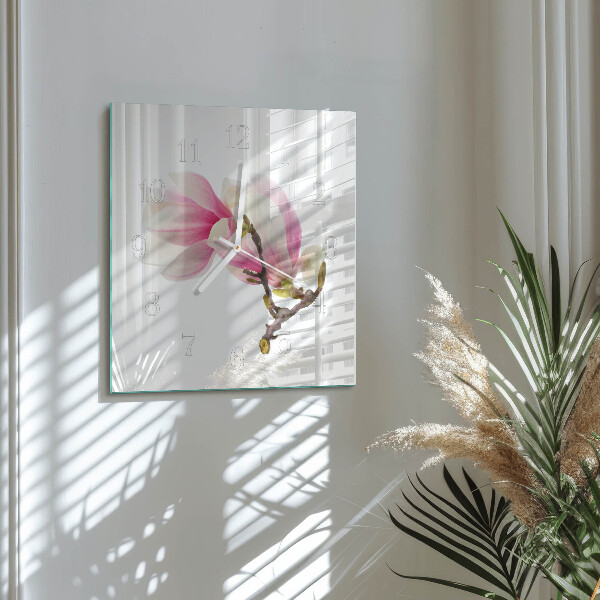 Vierkante glazen klok Magnolia bloem