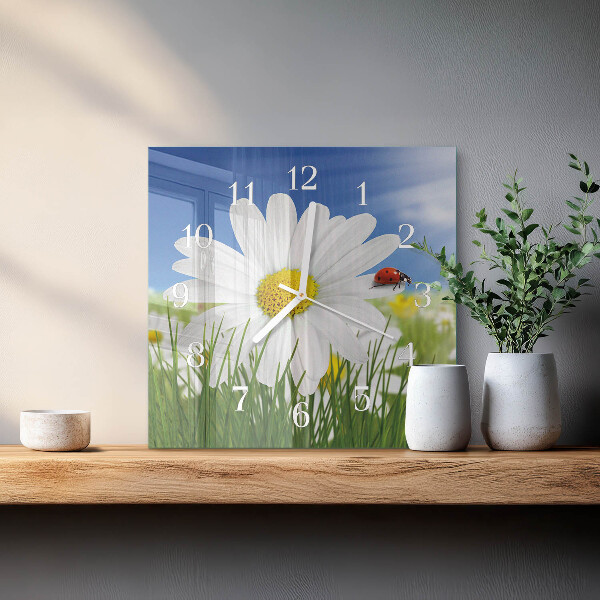Vierkante glazen klok Bloem en lieveheersbeestje