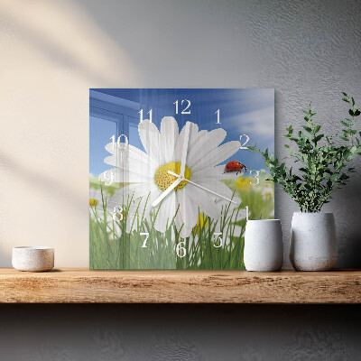 Vierkante glazen klok Bloem en lieveheersbeestje