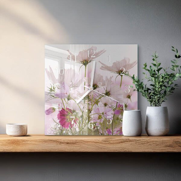 Vierkante glazen klok Cosmosbloemen