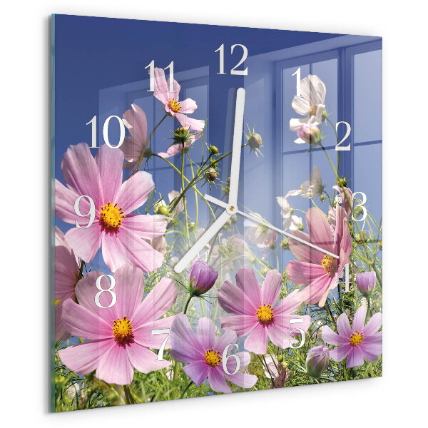 Vierkante glazen klok Cosmosbloemen
