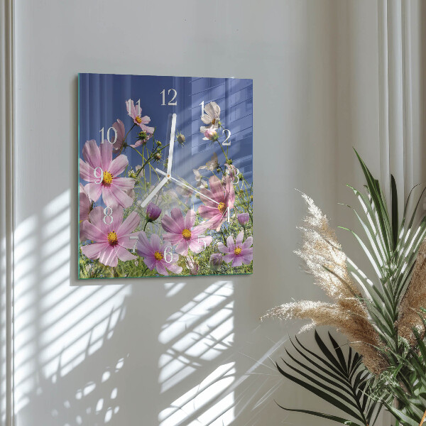 Vierkante glazen klok Cosmosbloemen