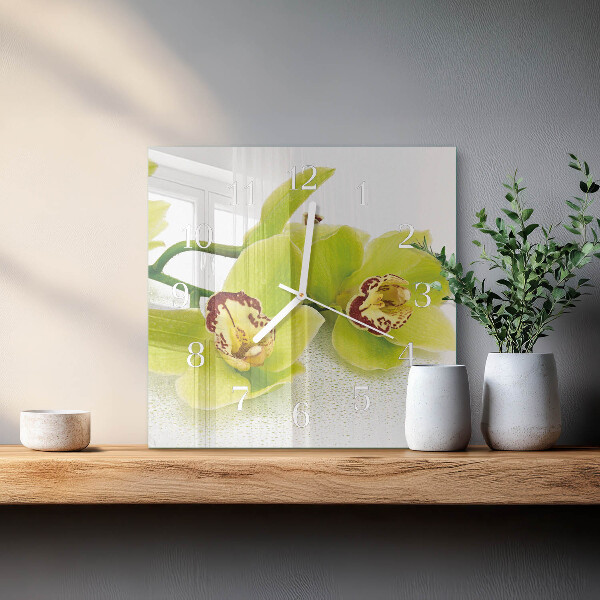 Vierkante glazen klok Orchidee