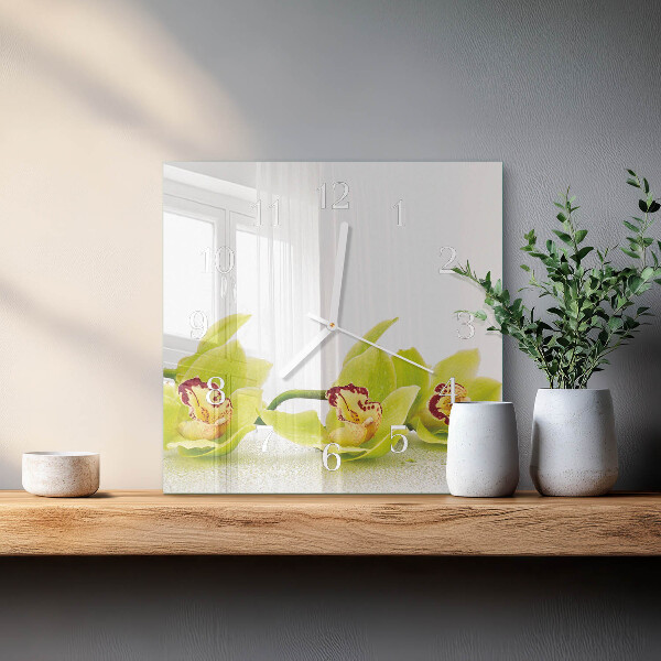 Vierkante glazen klok Orchidee