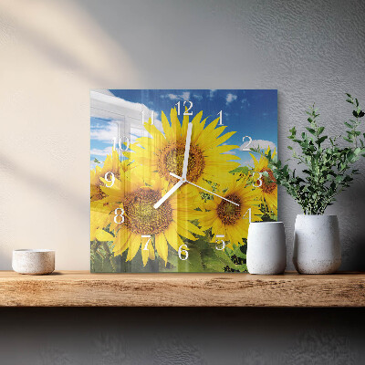 Vierkante glazen klok Zonnebloemen