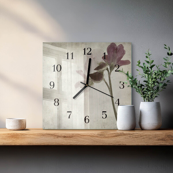 Vierkante glazen wandklok Vintage bloem