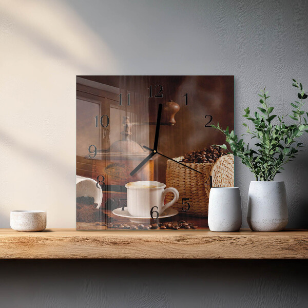 Vierkante glazen wandklok Kopje koffie
