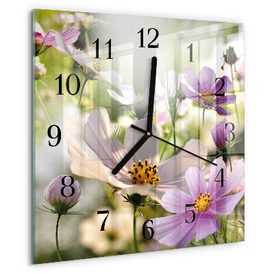 Vierkante glazen wandklok Cosmosbloemen