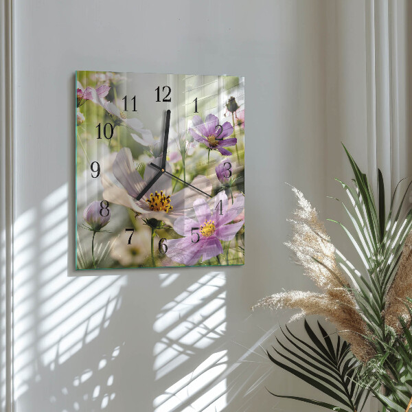 Vierkante glazen wandklok Cosmosbloemen