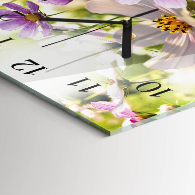 Vierkante glazen wandklok Cosmosbloemen