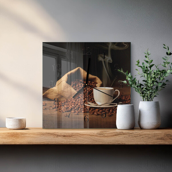 Vierkante glazen wandklok Koffiebonen