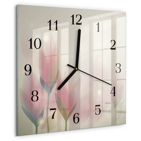 Vierkante glazen wandklok Bloemen