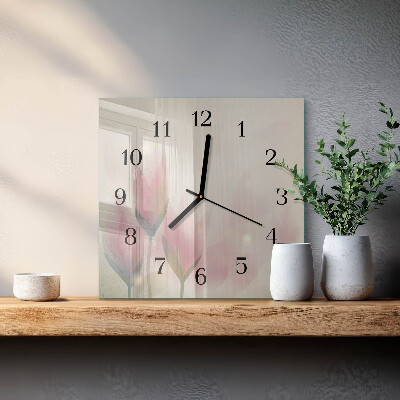 Vierkante glazen wandklok Bloemen