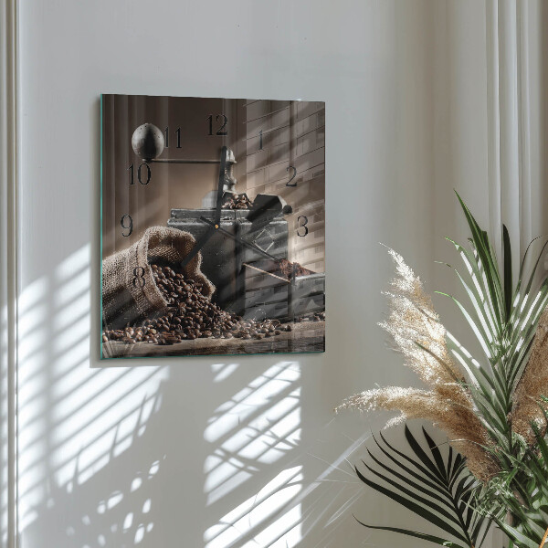 Vierkante glazen wandklok Koffiemolen