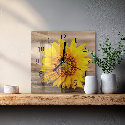 Vierkante glazen wandklok Zonnebloem