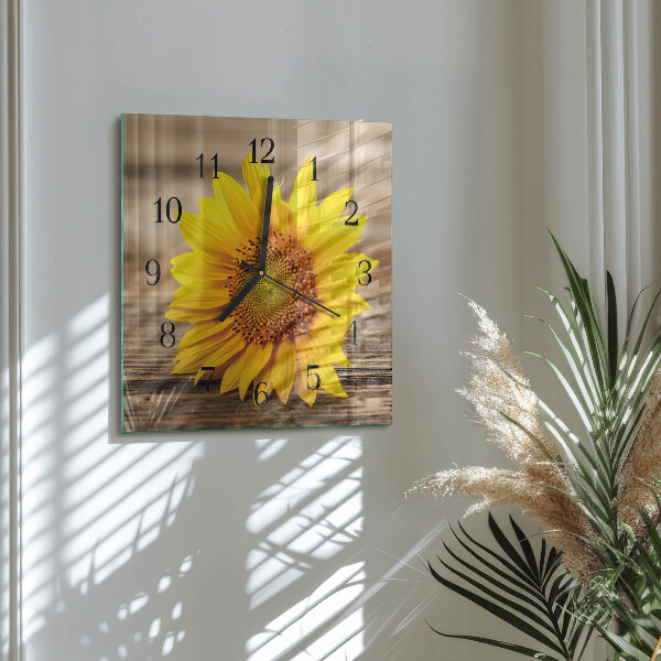 Vierkante glazen wandklok Zonnebloem