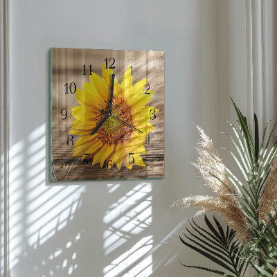 Vierkante glazen wandklok Zonnebloem