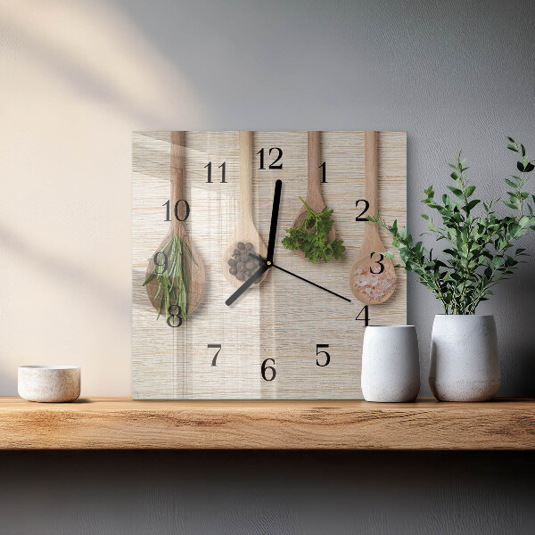 Vierkante glazen wandklok Houten lepel