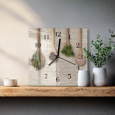 Vierkante glazen wandklok Houten lepel