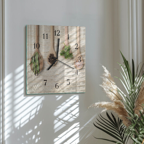 Vierkante glazen wandklok Houten lepel