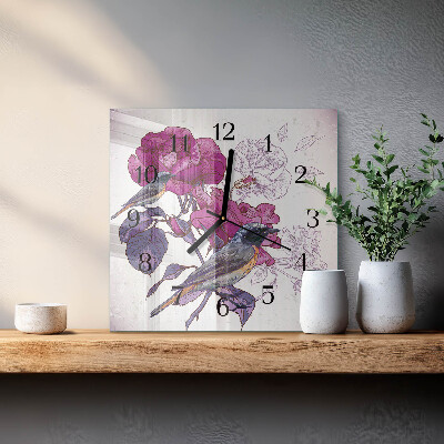 Vierkante glazen wandklok Vogels Bloemen