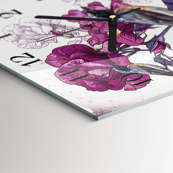 Vierkante glazen wandklok Vogels Bloemen