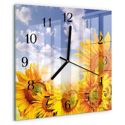Vierkante glazen wandklok Zonnebloemen