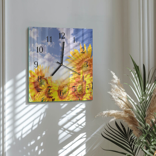 Vierkante glazen wandklok Zonnebloemen