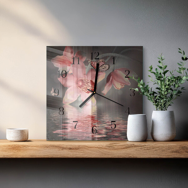Vierkante glazen wandklok Orchidee