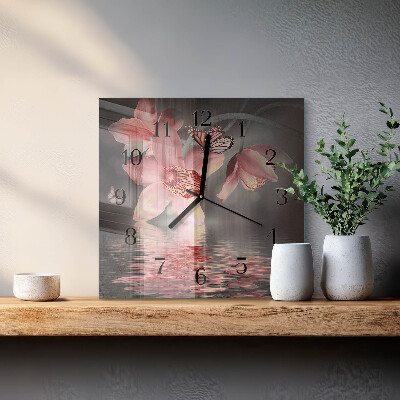 Vierkante glazen wandklok Orchidee