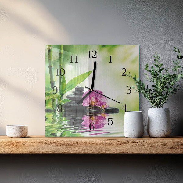 Vierkante glazen wandklok Spa Orchid