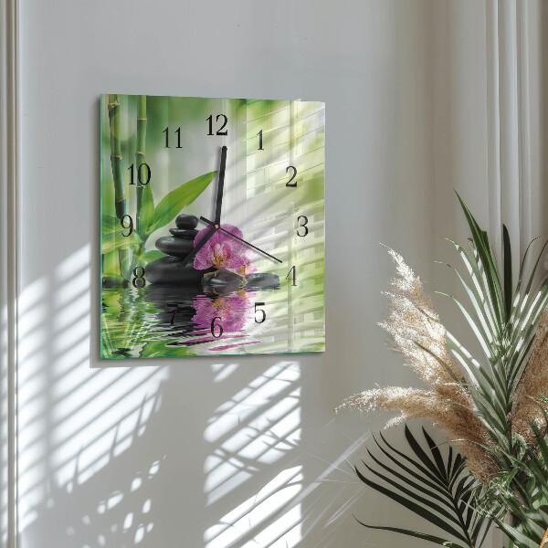 Vierkante glazen wandklok Spa Orchid