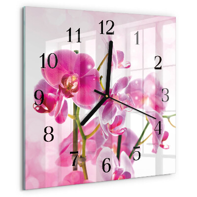 Vierkante glazen wandklok Orchidee