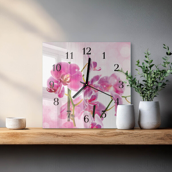 Vierkante glazen wandklok Orchidee