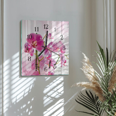 Vierkante glazen wandklok Orchidee