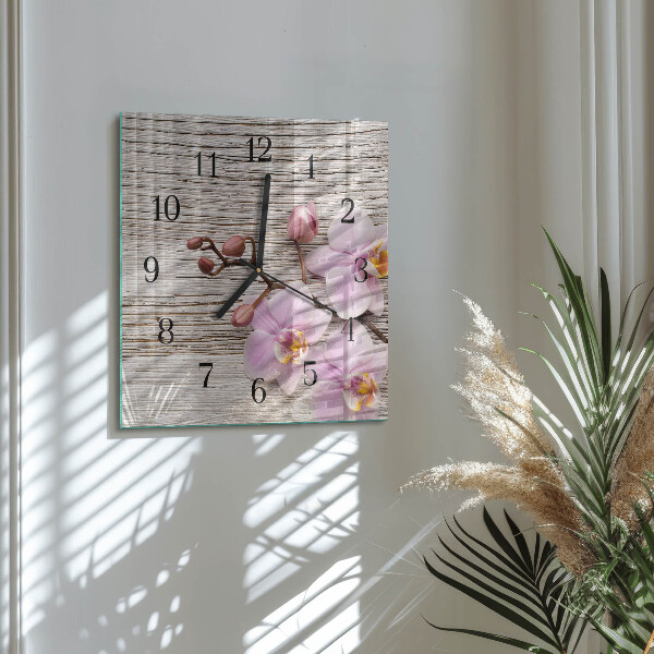 Vierkante glazen wandklok Orchidee