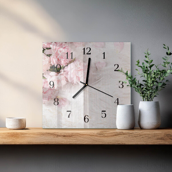 Vierkante glazen wandklok Bloemen