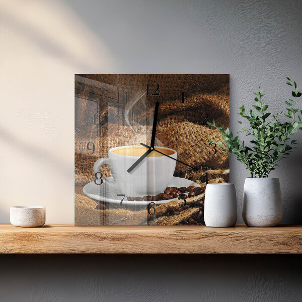 Vierkante glazen wandklok Koffiebonen
