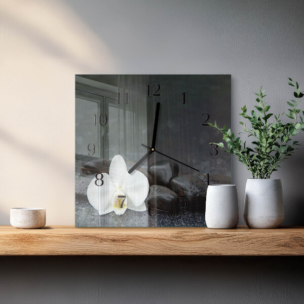 Vierkante glazen wandklok Bloem en stenen