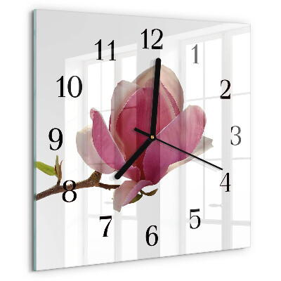 Vierkante glazen wandklok Magnolia bloem