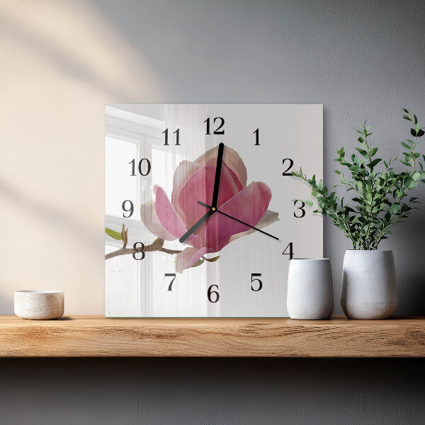 Vierkante glazen wandklok Magnolia bloem