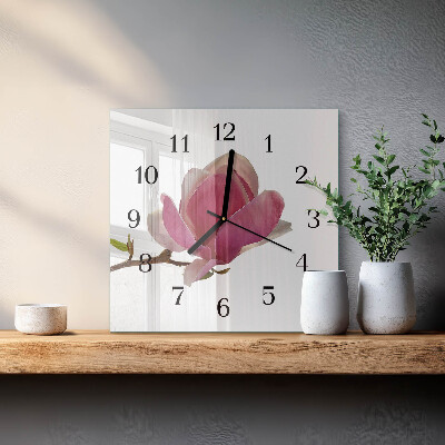 Vierkante glazen wandklok Magnolia bloem