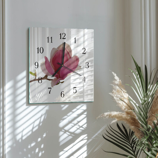 Vierkante glazen wandklok Magnolia bloem