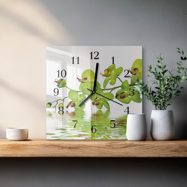 Vierkante glazen wandklok Orchidee